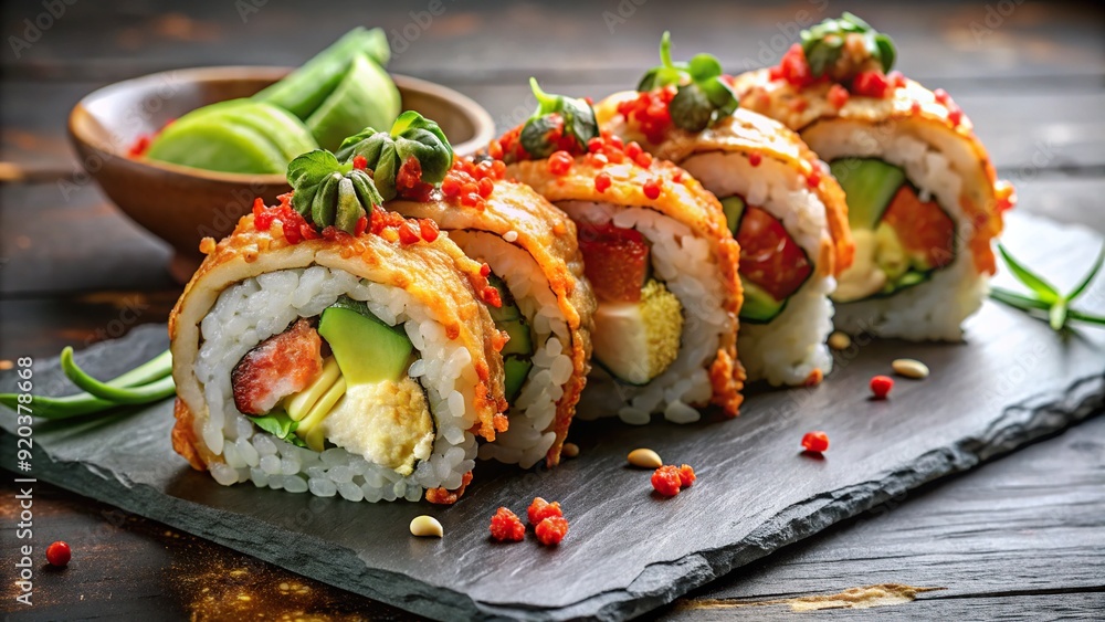 Freshly prepared indulgent lobster sushi roll with succulent lobster meat, crispy tempura bits, and creamy avocado, served on a modern slate plate. Freshly prepared indulgent lobster sushi roll with succulent lobster meat, crispy tempura bits, and creamy avocado, served on a modern slate plate.