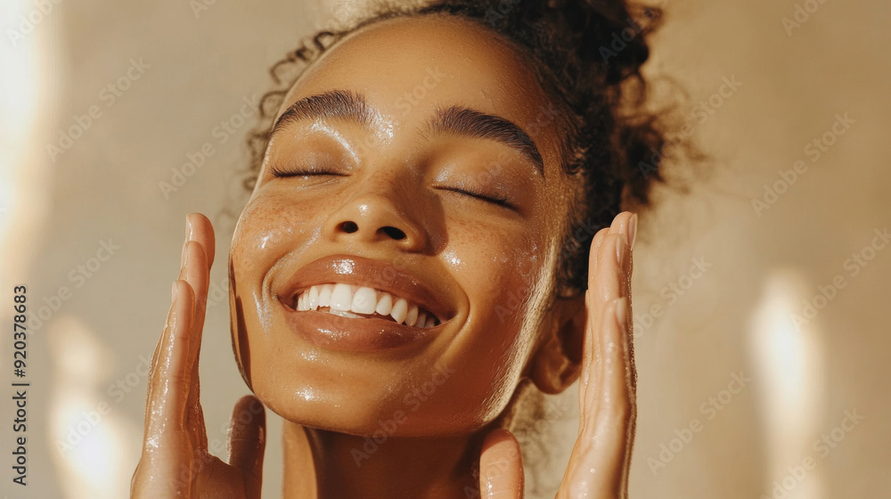 Woman with healthy, glowing skin applying skincare product Woman with healthy, glowing skin applying skincare product