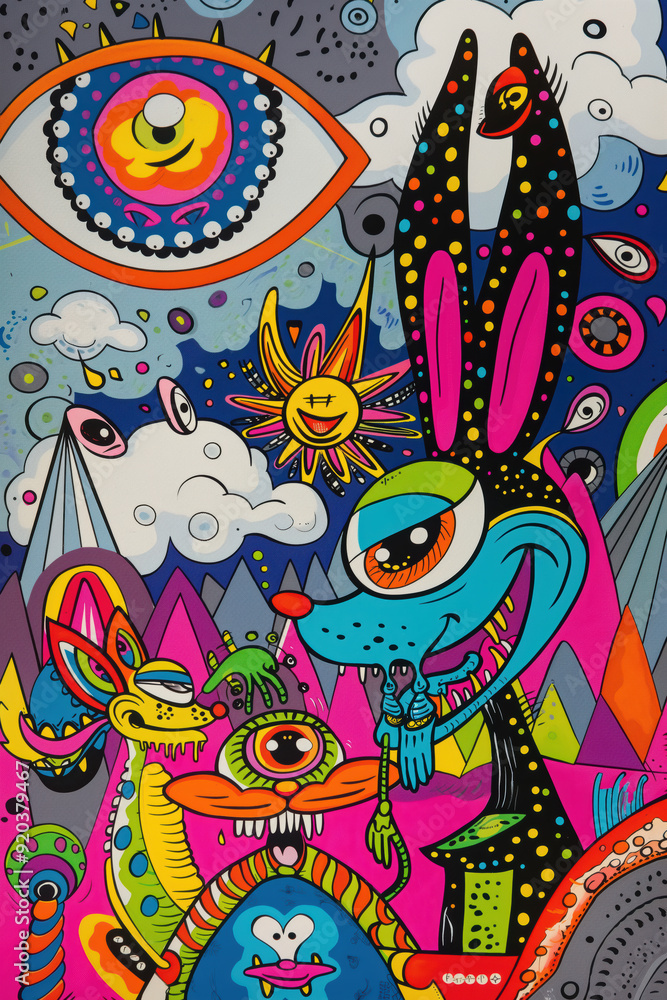 A colorful painting of a rabbit and other creatures A colorful painting of a rabbit and other creatures