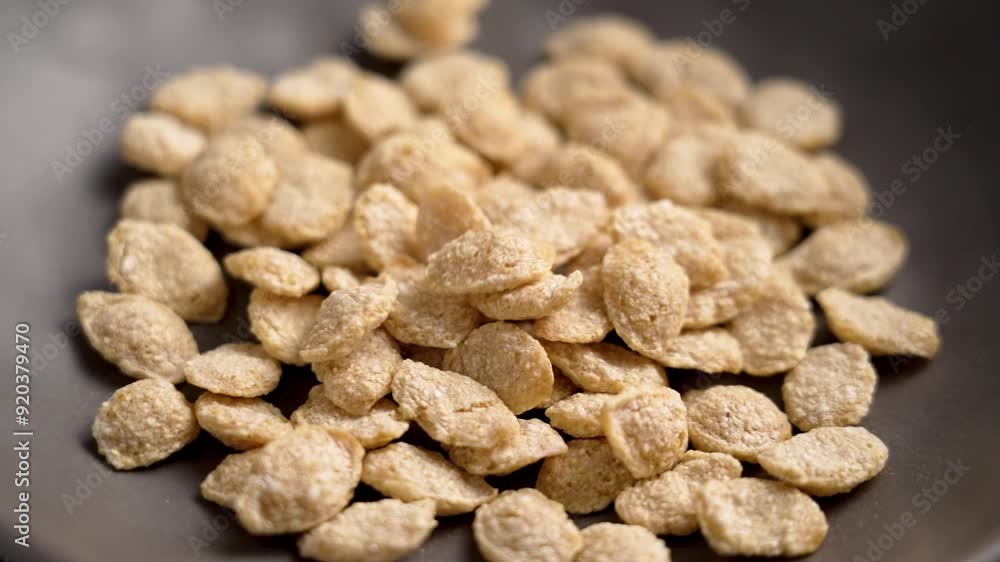 Grey ceramic bowl with falling uncooked organic crunchy cereal flakes preparing for a diet healthy morning snack. Slow motion. Rotation Grey ceramic bowl with falling uncooked organic crunchy cereal flakes preparing for a diet healthy morning snack. Slow motion. Rotation