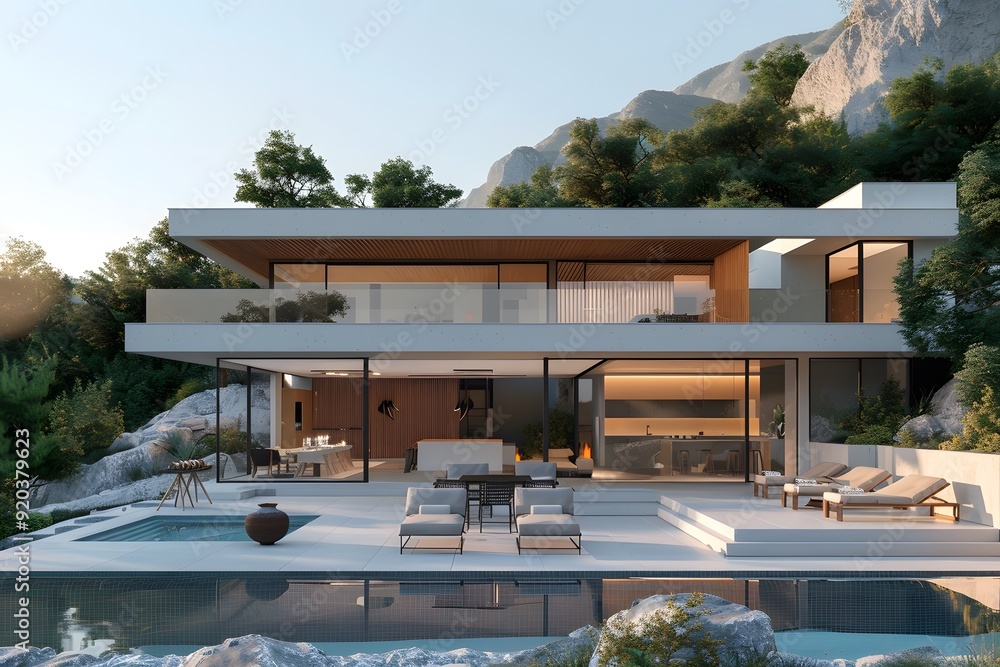 Fototapeta premium Modern Luxury Villa Surrounded by Nature with Pool and Scenic Views