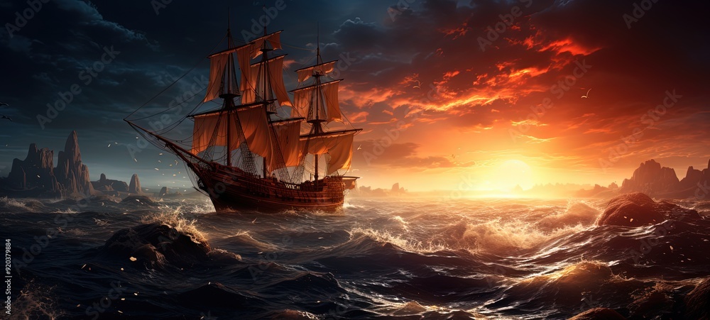 Obraz premium dreamy painting style illustration of a ancient big ship sailing in raging sea under starry galaxy sky and sunset light as background