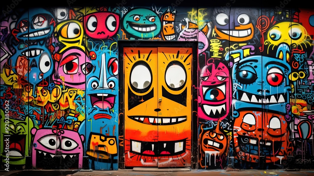 Obraz premium Alien cartoon face graffiti on wall design, funny face and alien things, 