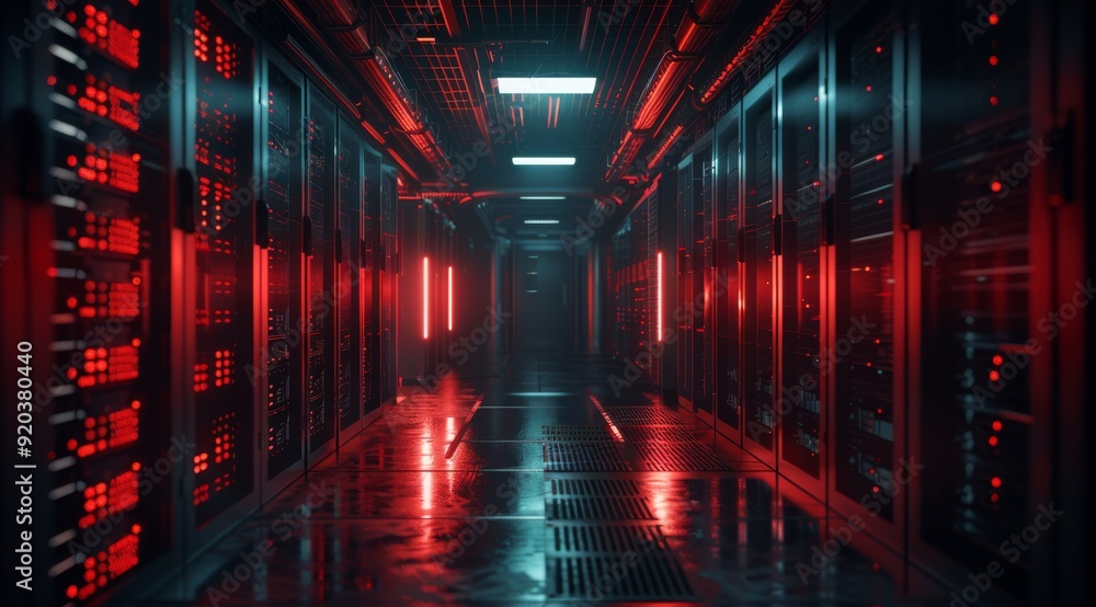 A sleek data center illuminated by red lights, showcasing advanced server technology in a dim environment.