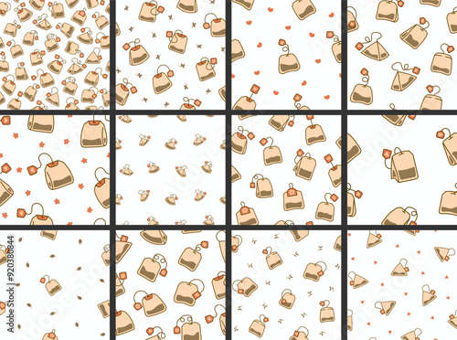 Bag of tea. Seamless pattern. Breakfast. Hand drawn style. Vector drawing. Collection of design ornaments.