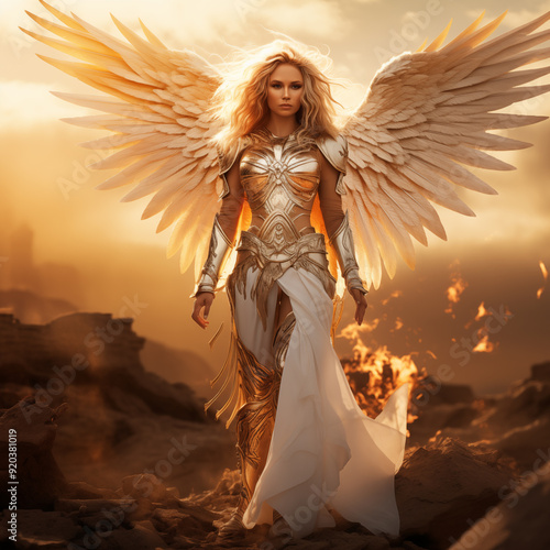 a beautiful valkyrie with angel wings, armor and long blonde hair