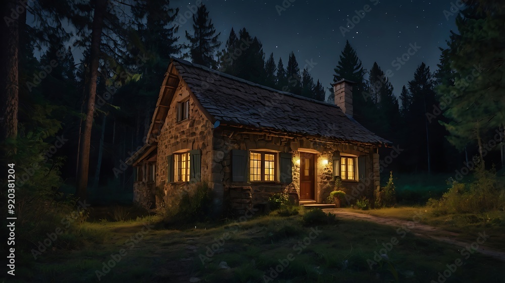 Obraz premium Old cottage in the middle of forest night with a lake nearby, starry full moon night landscape