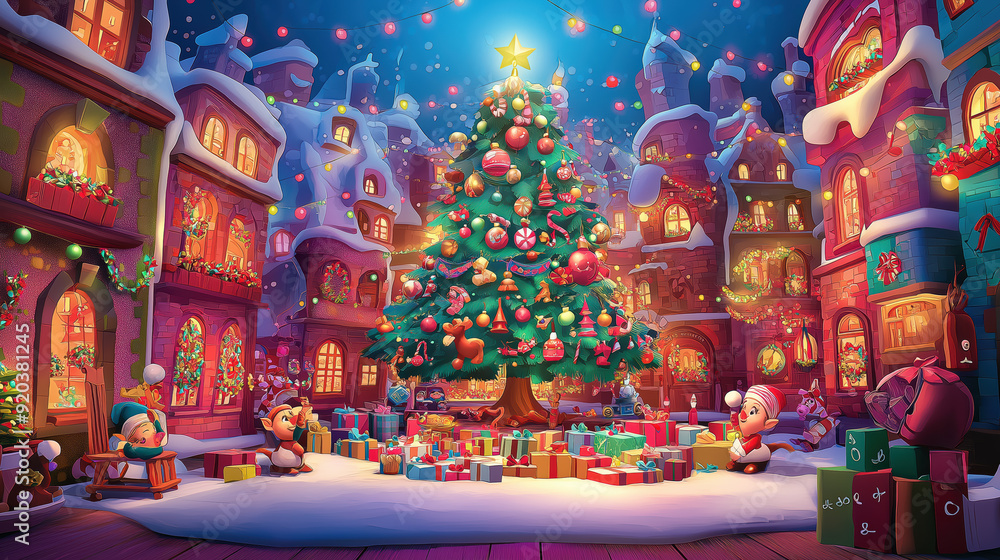 Fototapeta premium A Christmas scene with a large tree in the center of the image