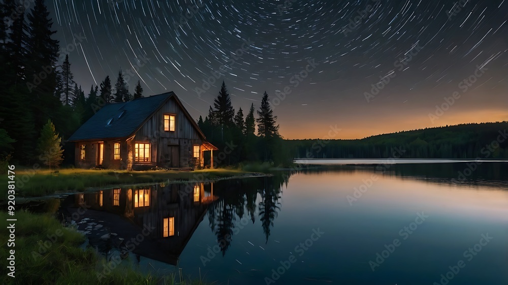 Fototapeta premium Old cottage in the middle of forest night with a lake nearby, starry full moon night landscape