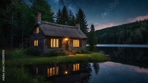 Old cottage in the middle of forest night with a lake nearby, starry full moon night landscape