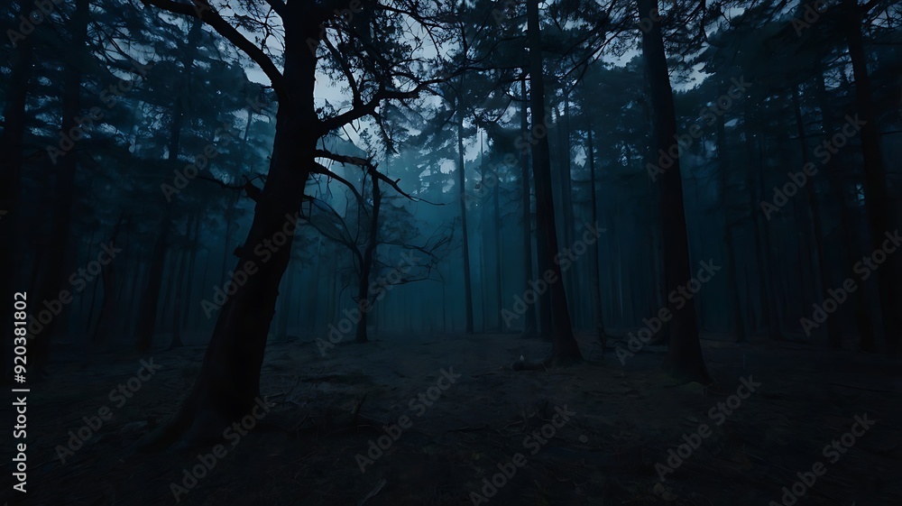 Fototapeta premium Mystical landscape of a forest with a unique lonely tree, dark themed fantasy illustration