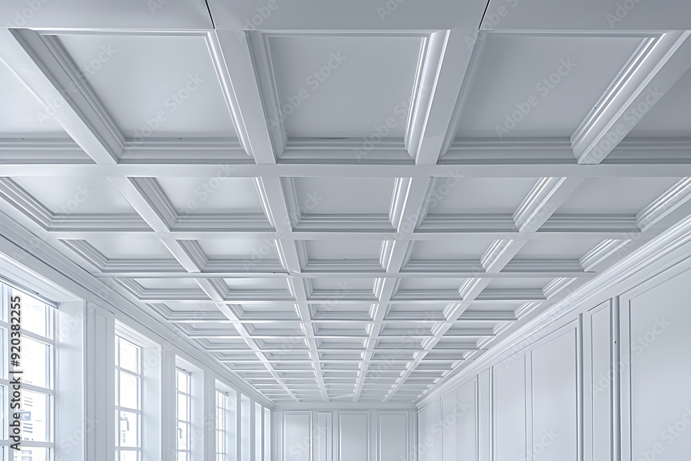 Elegant White Coffered Ceiling in a Bright Room Elegant White Coffered Ceiling in a Bright Room