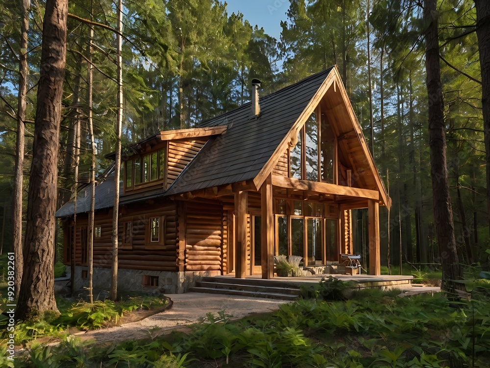 Modern wooden house in the middle of green forest with tall trees, environment friendly house part of nature Modern wooden house in the middle of green forest with tall trees, environment friendly house part of nature