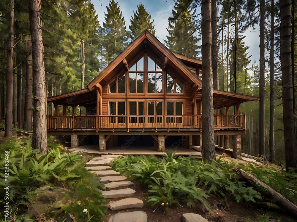 Modern wooden house in the middle of green forest with tall trees, environment friendly house part of nature Modern wooden house in the middle of green forest with tall trees, environment friendly house part of nature