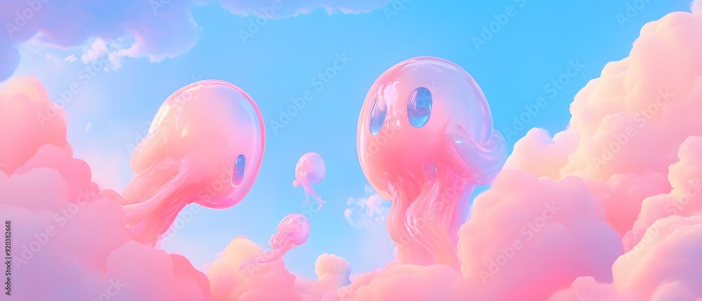 Fototapeta premium Pink and blue clouds with whimsical shapes. Dreamy and surreal sky scene.