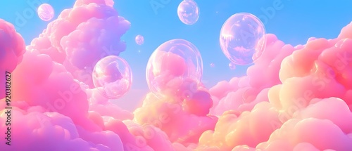 Pastel pink and blue clouds with iridescent bubbles floating.