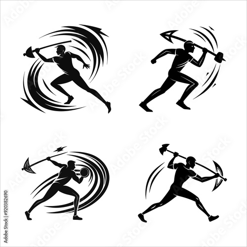 Wallpaper Mural Set of Dynamic Axe Throwing Action: Bold Black Silhouette Capturing the Mid-Throw Motion with Powerful Stance and Axe Trajectory for Sports Graphics and Event Promotions Torontodigital.ca