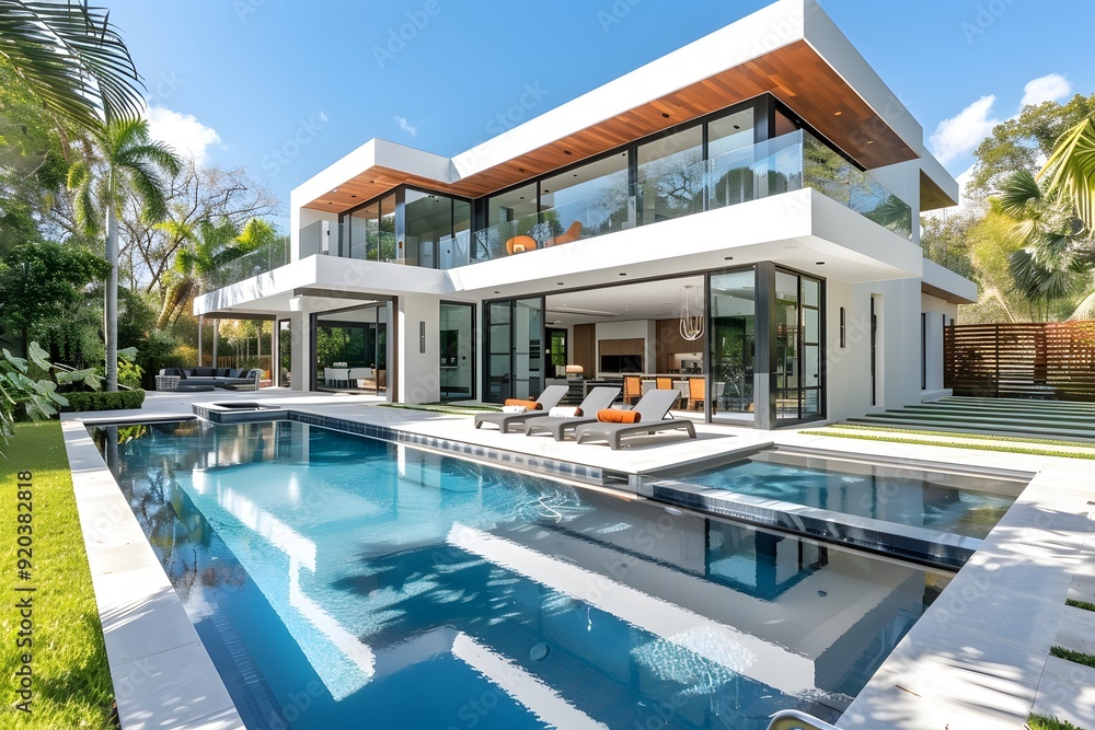 Fototapeta premium Modern Luxury Villa with Pool Surrounded by Lush Greenery