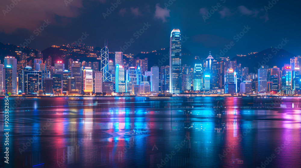 Obraz premium a vibrant cityscape at night, likely featuring a waterfront with reflections of the city lights on the water The skyscrapers are illuminated in various colors, creating a striking contrast