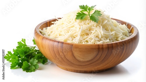 Freshly shredded mozzarella cheese fills a wooden bowl, surrounded by scattered parsley leaves and a few crumbles, against a clean white background. photo