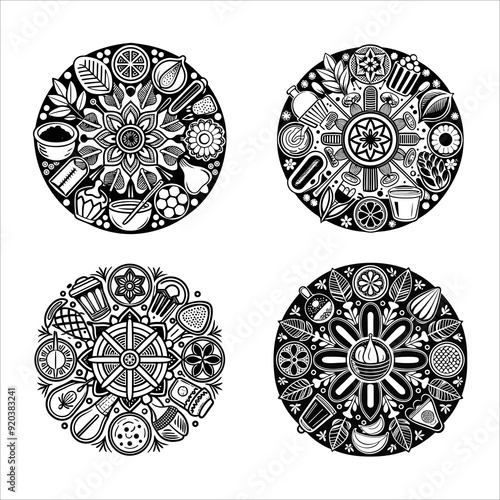 Set of Baking Ingredients Mandala: Black and White Line Art Featuring Flour, Sugar, Eggs, and Butter in a Radial Pattern for Baking Classes, Culinary Content, and Kitchen Decor