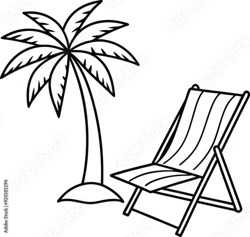 Beach chair and palm tree on a white backdrop with a vector silhouette
