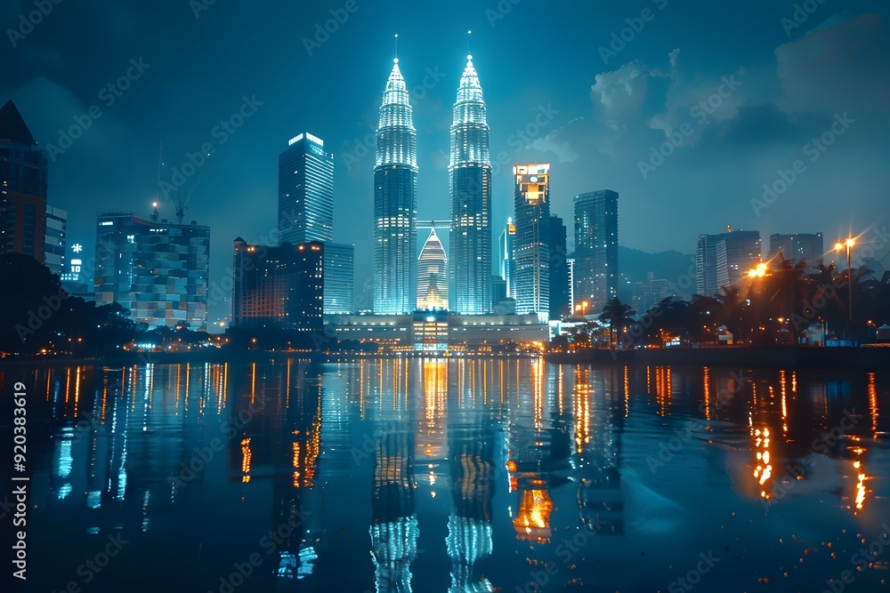Fototapeta premium Stunning Night View of Kuala Lumpur's Iconic Petronas Towers Reflected in Water