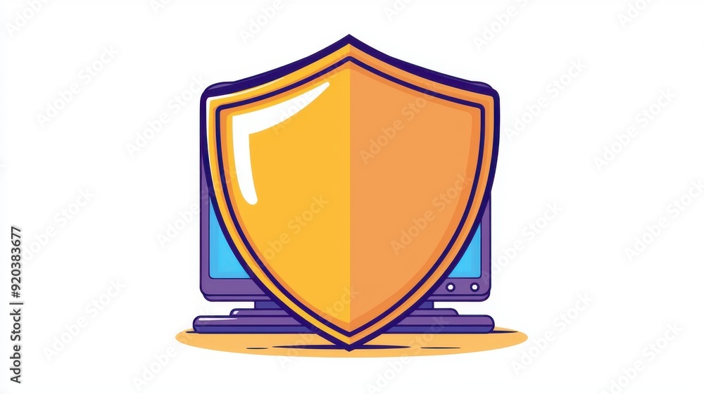 Digital privacy, shield icon with computer, flat design illustration,copy space, focus cover all object, deep dept of field Digital privacy, shield icon with computer, flat design illustration,copy space, focus cover all object, deep dept of field