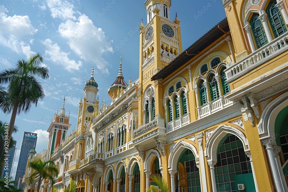 Fototapeta premium Stunning Architectural View of Historical Buildings in Kuala Lumpur Under a Bright Blue Sky