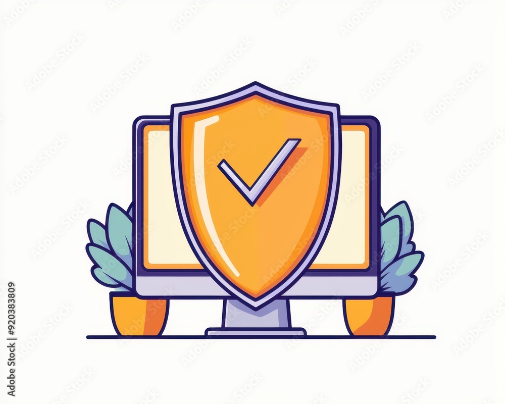 Cybersecurity, shield and computer screen, flat design illustration,copy space, focus cover all object, deep dept of field Cybersecurity, shield and computer screen, flat design illustration,copy space, focus cover all object, deep dept of field
