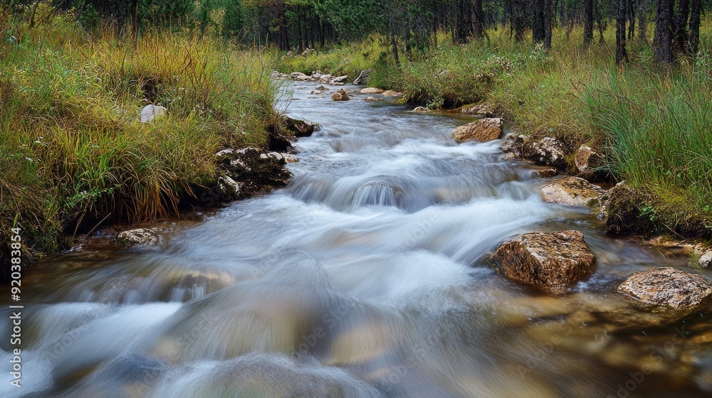 A Stream Flowing Through a Lush Forest A Stream Flowing Through a Lush Forest