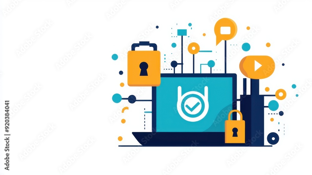 Internet safety campaign, poster with secure network, flat design illustration,copy space, focus cover all object, deep dept of field Internet safety campaign, poster with secure network, flat design illustration,copy space, focus cover all object, deep dept of field