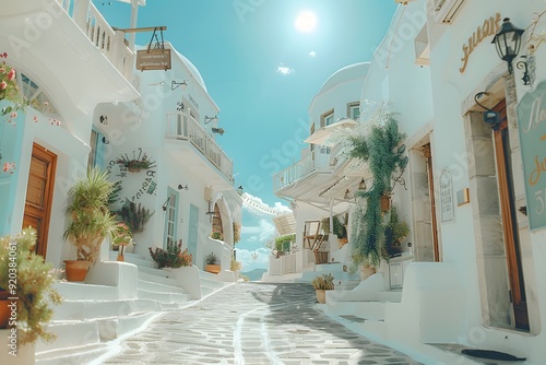 Fototapeta Naklejka Na Ścianę i Meble -  Charming Sunlit Street in a Greek Island Village