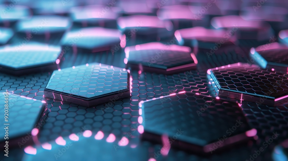 Fototapeta premium A close-up view of modern hexagonal patterns with vibrant lighting, showcasing a futuristic and abstract design.