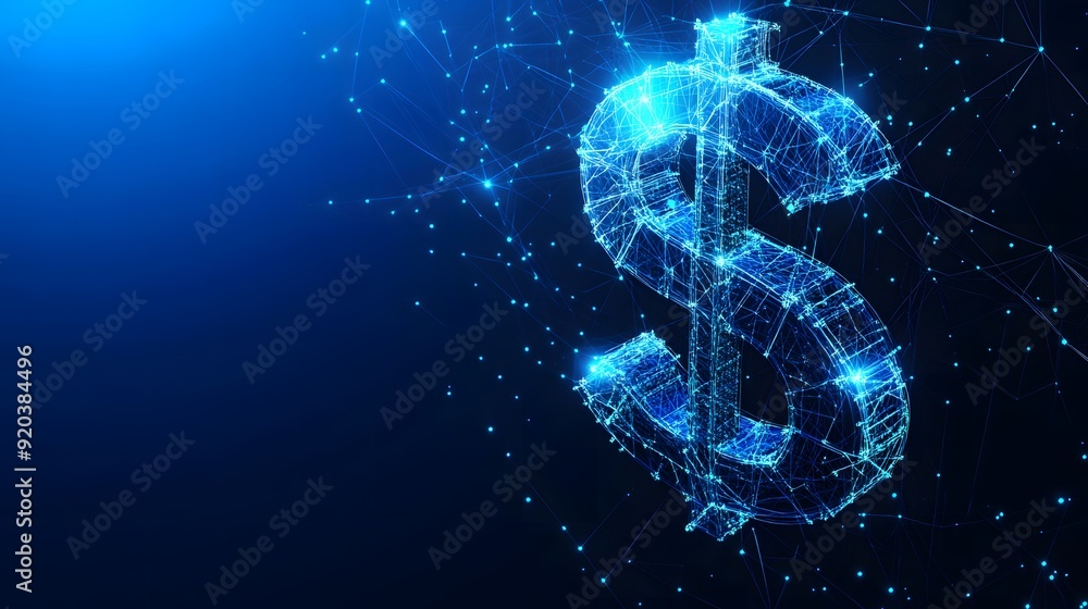 Blue Glowing Dollar Sign on Dark Blue Background with Digital Line Pattern, Representing Cyber Money Concept, High-Tech Financial Symbol, Modern Digital Currency Illustration Blue Glowing Dollar Sign on Dark Blue Background with Digital Line Pattern, Representing Cyber Money Concept, High-Tech Financial Symbol, Modern Digital Currency Illustration