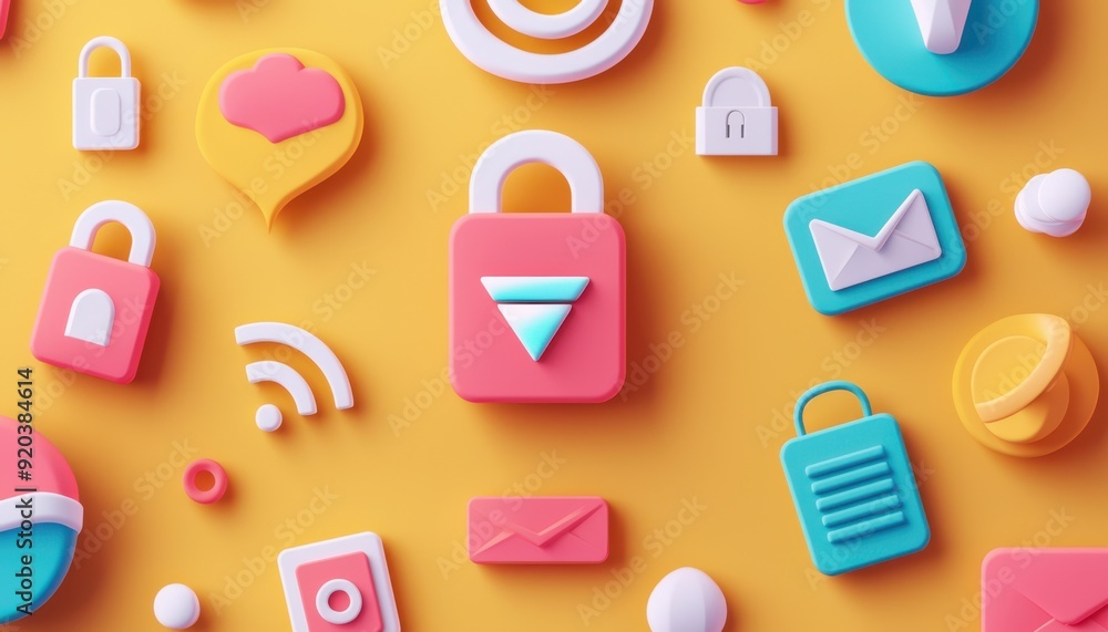 Secure VPN flat design top view safe online access animation colored pastel, copy space, focus cover all object, deep dept of field Secure VPN flat design top view safe online access animation colored pastel, copy space, focus cover all object, deep dept of field