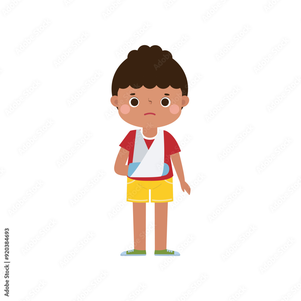 kid injured with broken arm in gypsum. cute cartoon disabled character broken arm in plaster. isolated on white background Vector illustration kid injured with broken arm in gypsum. cute cartoon disabled character broken arm in plaster. isolated on white background Vector illustration