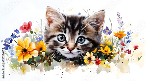 Fototapeta Naklejka Na Ścianę i Meble -  A cute kitten surrounded by colorful flowers in a watercolor style.