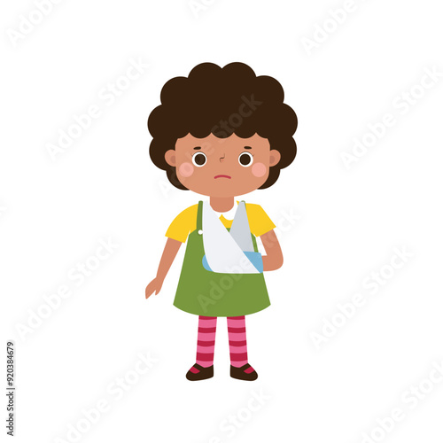 kid injured with broken arm in gypsum. cute cartoon disabled character broken arm in plaster. isolated on white background Vector illustration