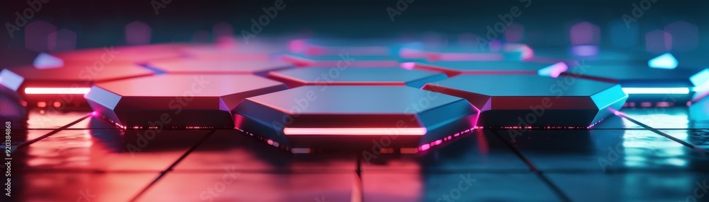 Futuristic hexagonal shapes with glowing neon lights on a sleek surface create a vibrant digital atmosphere. Futuristic hexagonal shapes with glowing neon lights on a sleek surface create a vibrant digital atmosphere.