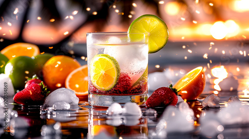 A glass of mixed fruit juice with ice cubes and a lime slice on top. The juice is served in a tall glass and is surrounded by a variety of fruits, including oranges, strawberries, and limes