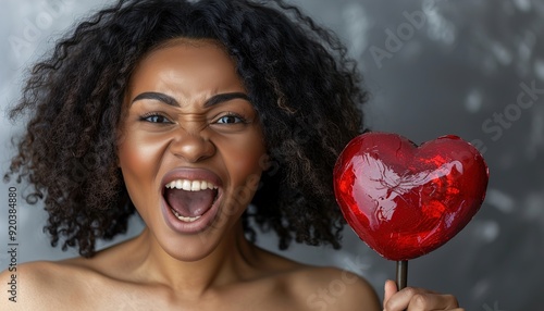Young african american woman holding a heart for valentines day isolated shouting and holding palm