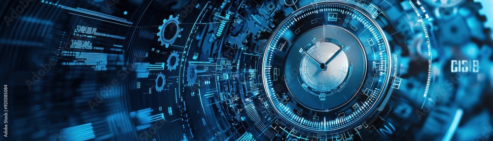 Futuristic technology interface with gears and digital elements in blue tones, representing innovation and precision. Futuristic technology interface with gears and digital elements in blue tones, representing innovation and precision.