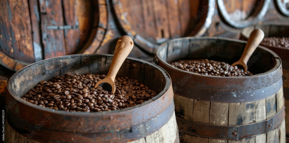 Rustic barrels filled with freshly roasted coffee beans are displayed alongside wooden scoops, highlighting the rich aroma and traditional charm of freshly roasted coffee. Rustic barrels filled with freshly roasted coffee beans are displayed alongside wooden scoops, highlighting the rich aroma and traditional charm of freshly roasted coffee.