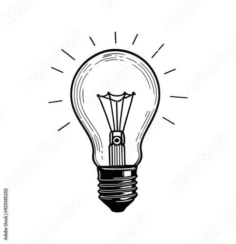 A glowing light bulb illustration in hand-drawn style, isolated on a transparent or white background. photo