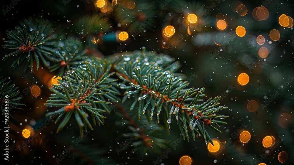 Snow falling on evergreen branches illuminated by warm holiday lights during a winter evening Snow falling on evergreen branches illuminated by warm holiday lights during a winter evening