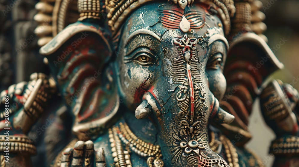 Detailed Close-Up of Ganesha Idol Face with Intricate Paintwork and Decorations Detailed Close-Up of Ganesha Idol Face with Intricate Paintwork and Decorations