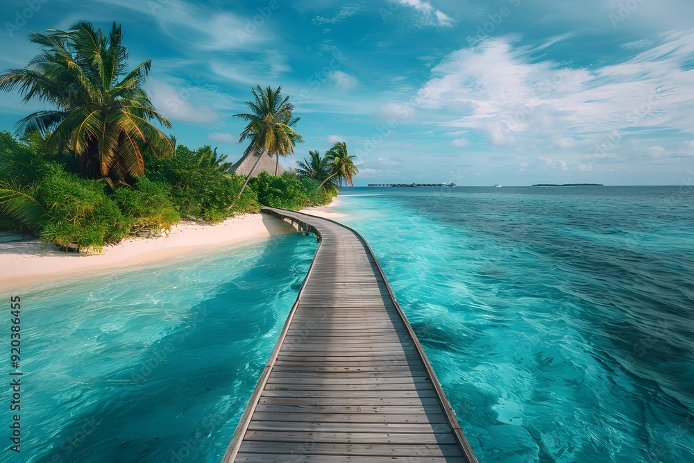 Fototapeta premium Serene Tropical Paradise: A Wooden Pathway Through Crystal Clear Waters