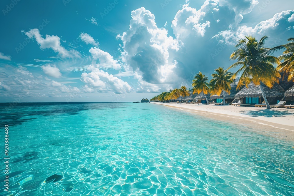 Fototapeta premium Serene Tropical Paradise with Crystal Clear Waters and Lush Palm Trees