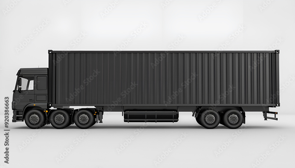 Truck trailer with container. Cargo delivery vehicle template, side view. Big commercial cargo van, freight car. Branding mockup Truck trailer with container. Cargo delivery vehicle template, side view. Big commercial cargo van, freight car. Branding mockup